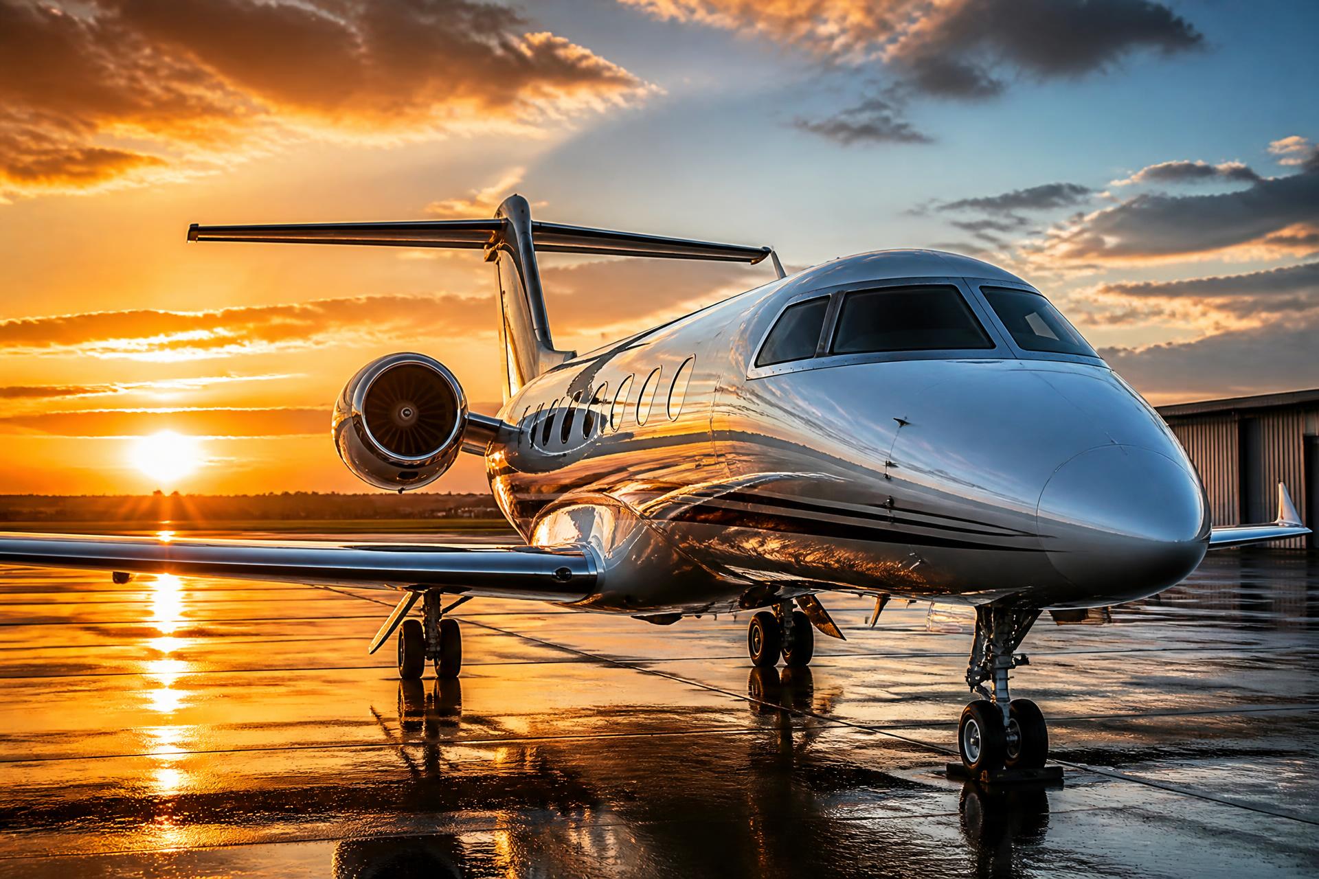 Polished private jet on the ramp at sunset